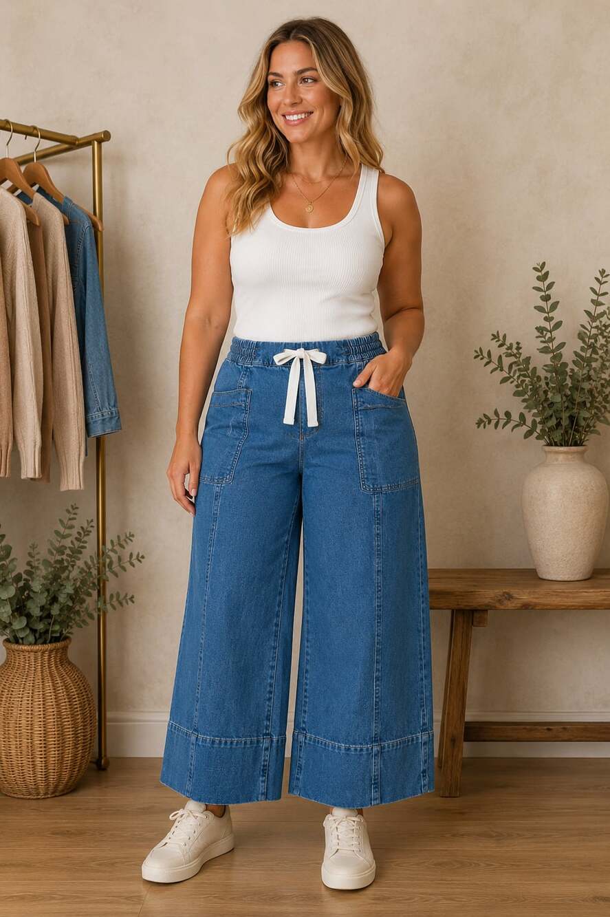 Maeve Tie Waist Wide Leg Cropped Denim Pants XL Blue Pull On Chambray Jeans